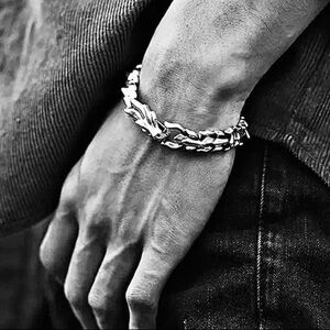 Sterling Silver Link Clasp Dragon Men’s Clasp-On 9.4” Bracelet
